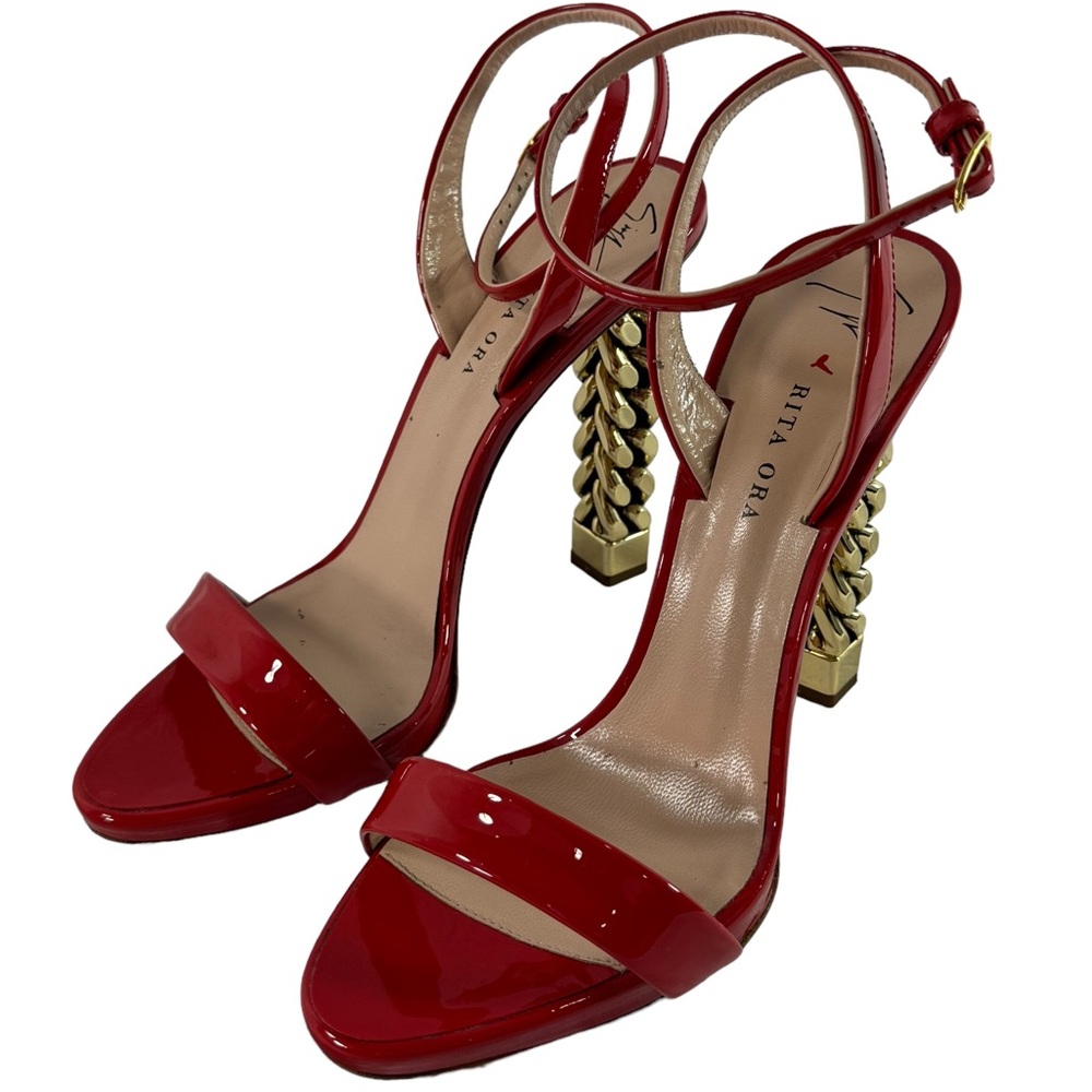 Giuseppe Zanotti Red Sandals with Gold Chain Heel - Picture 3 of 12